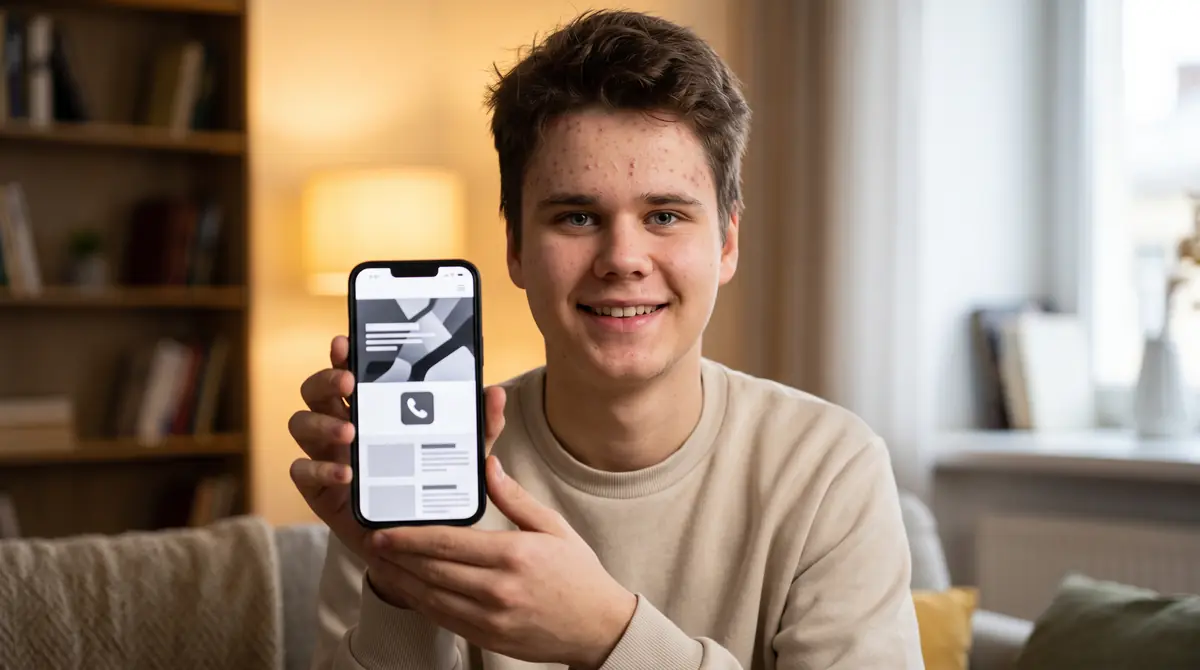 Smaidošs jaunietis rāda gatavu mājaslapu mobilā telefona ekrānā